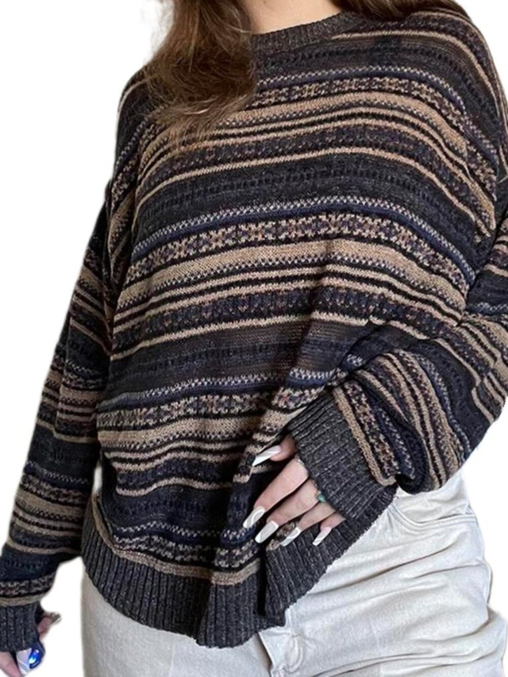 Women Vintage Striped Pullover Sweater Y2k Long Sleeve Crew Neck Loose Knit